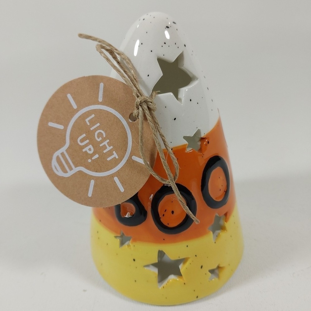 Mud Pie Candy Corn "Boo" Tealight Candle Holder Stars Ceramic 5"